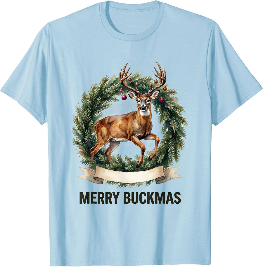 Men's Merry Buckmas Watercolor Whitetail Buck Christmas Hunting T-Shirt - Baby Blue