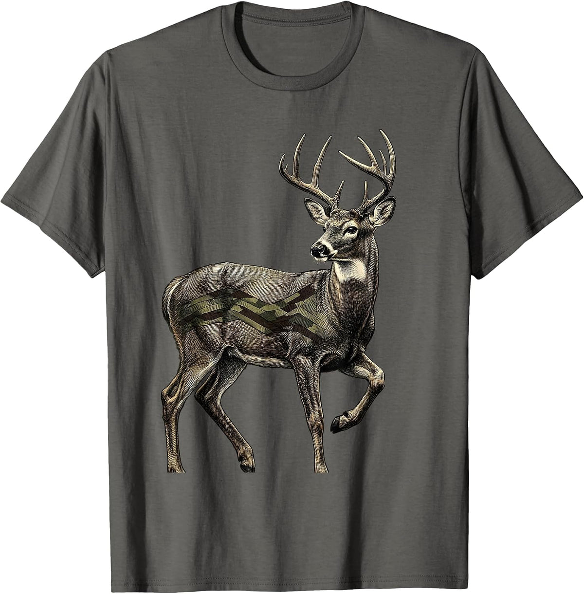 Alert Whitetail Buck Crosshatch Etching Hunting Pride T-Shirt - Asphalt Grey