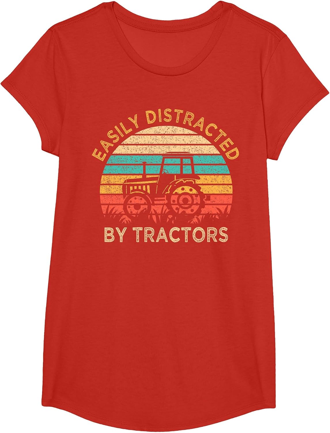 Vintage Easily Distracted by Tractors Fun Farming T-Shirt - Girls Red