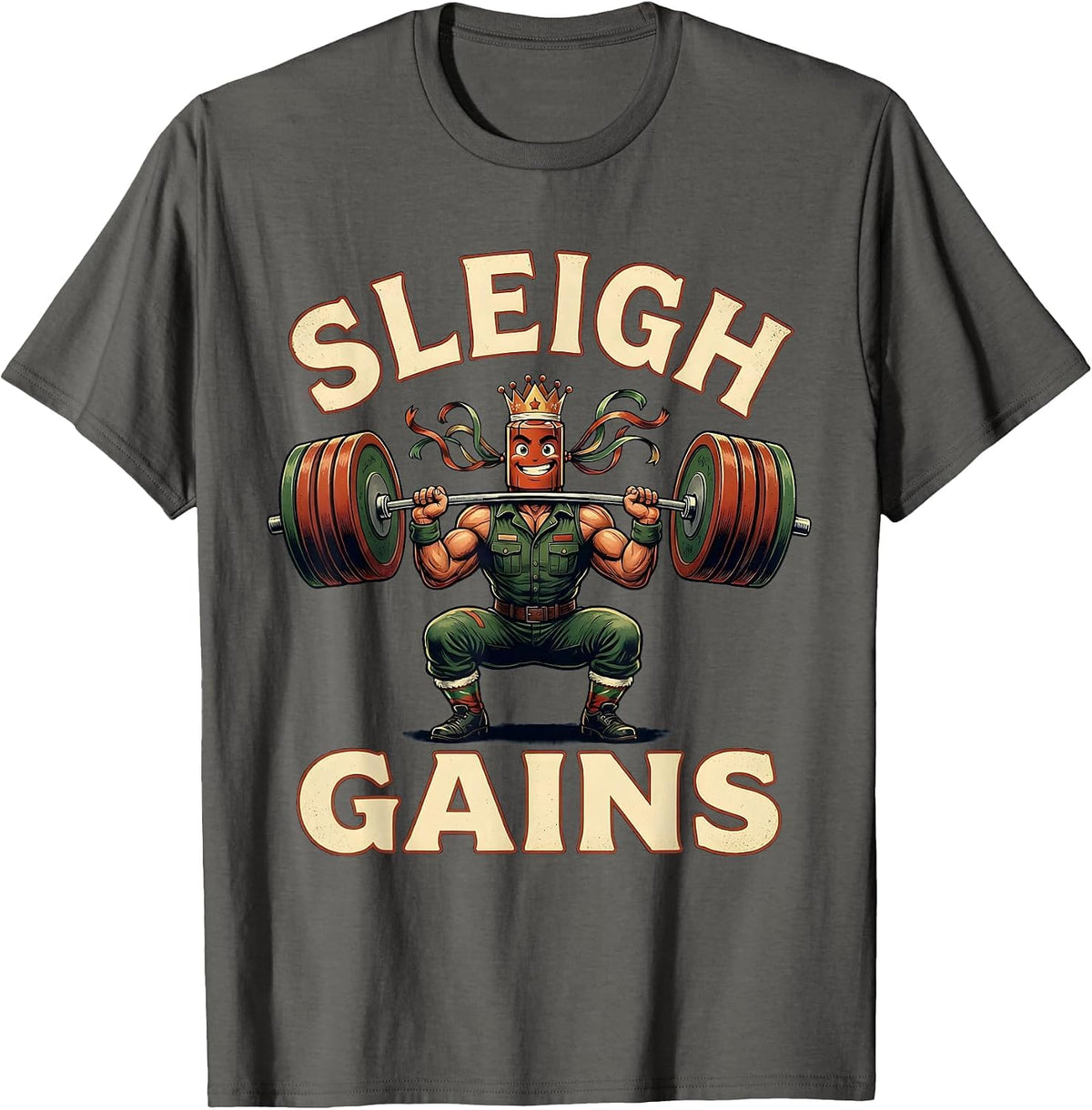 Sleigh Gains Vintage Funny Christmas Gym Workout T-Shirt - Asphalt Grey