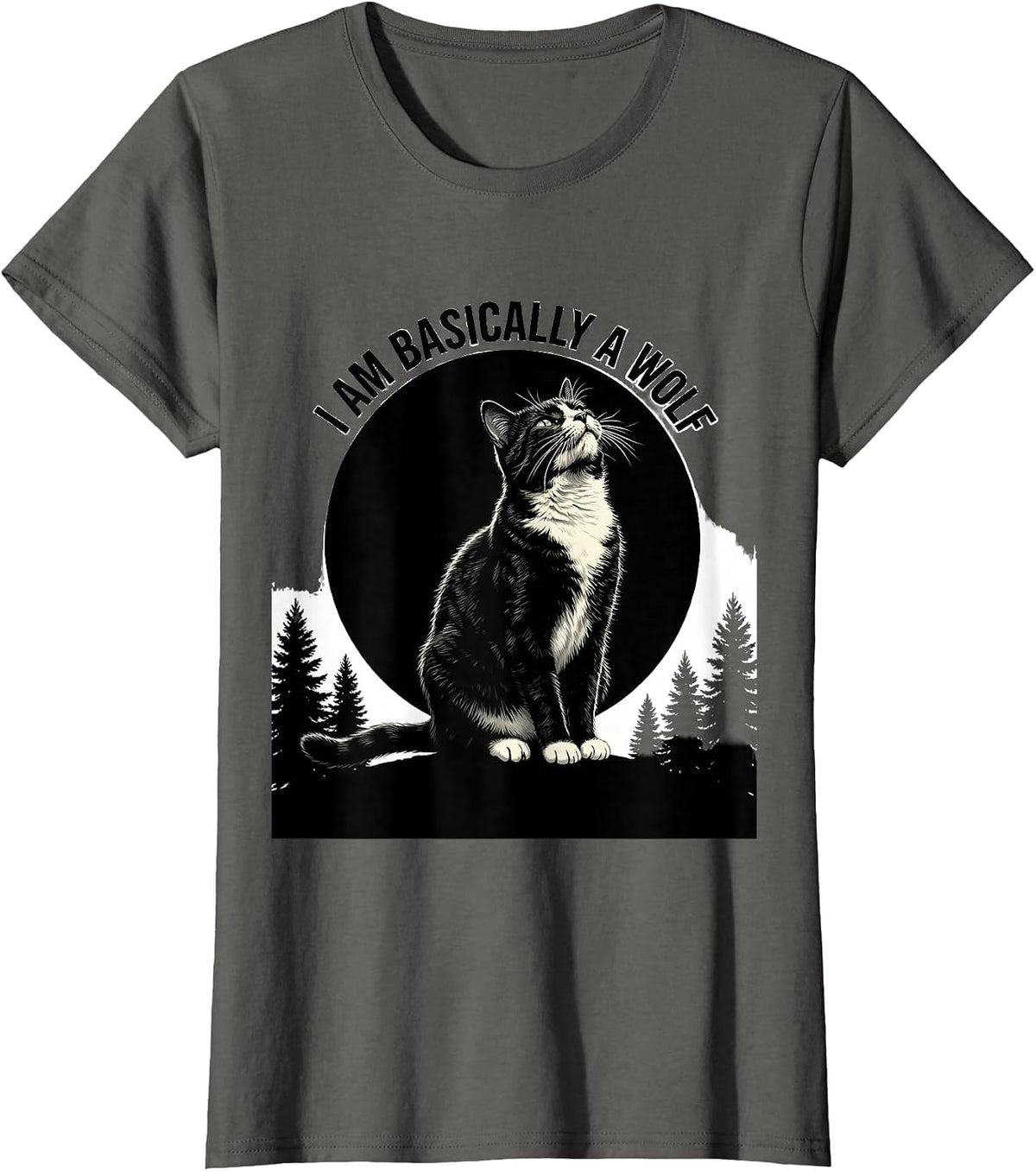 Women's I Am Basically a Wolf Tuxedo Cat Howling at Moon 90s Retro T-Shirt - Asphalt Grey