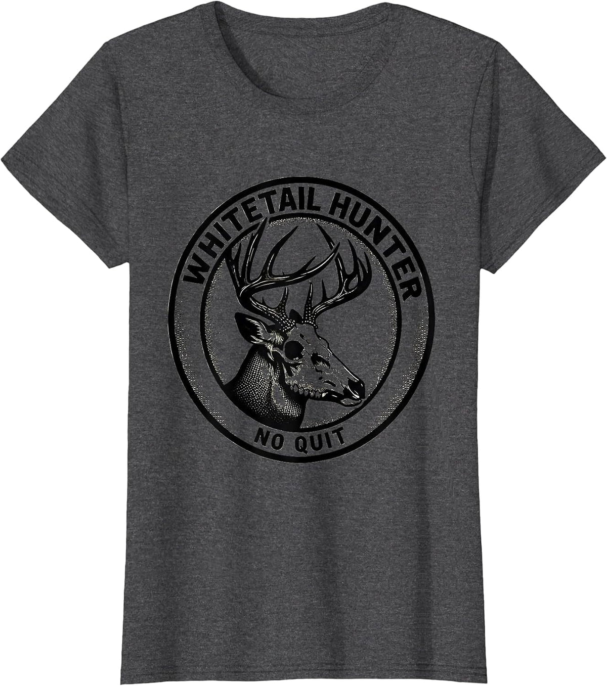 Women's Whitetail Hunter, No Quit Blackwork Dotwork Camo Dad Humor T-Shirt - Dark Heather Grey