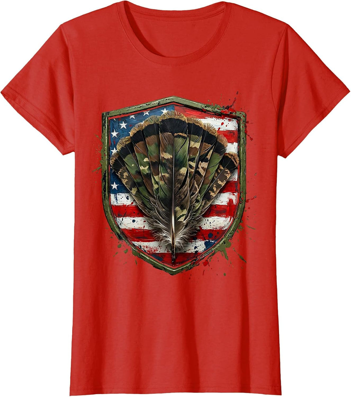 Women's Turkey Feathers Woodland Camo Fan Illustration T-Shirt - Red