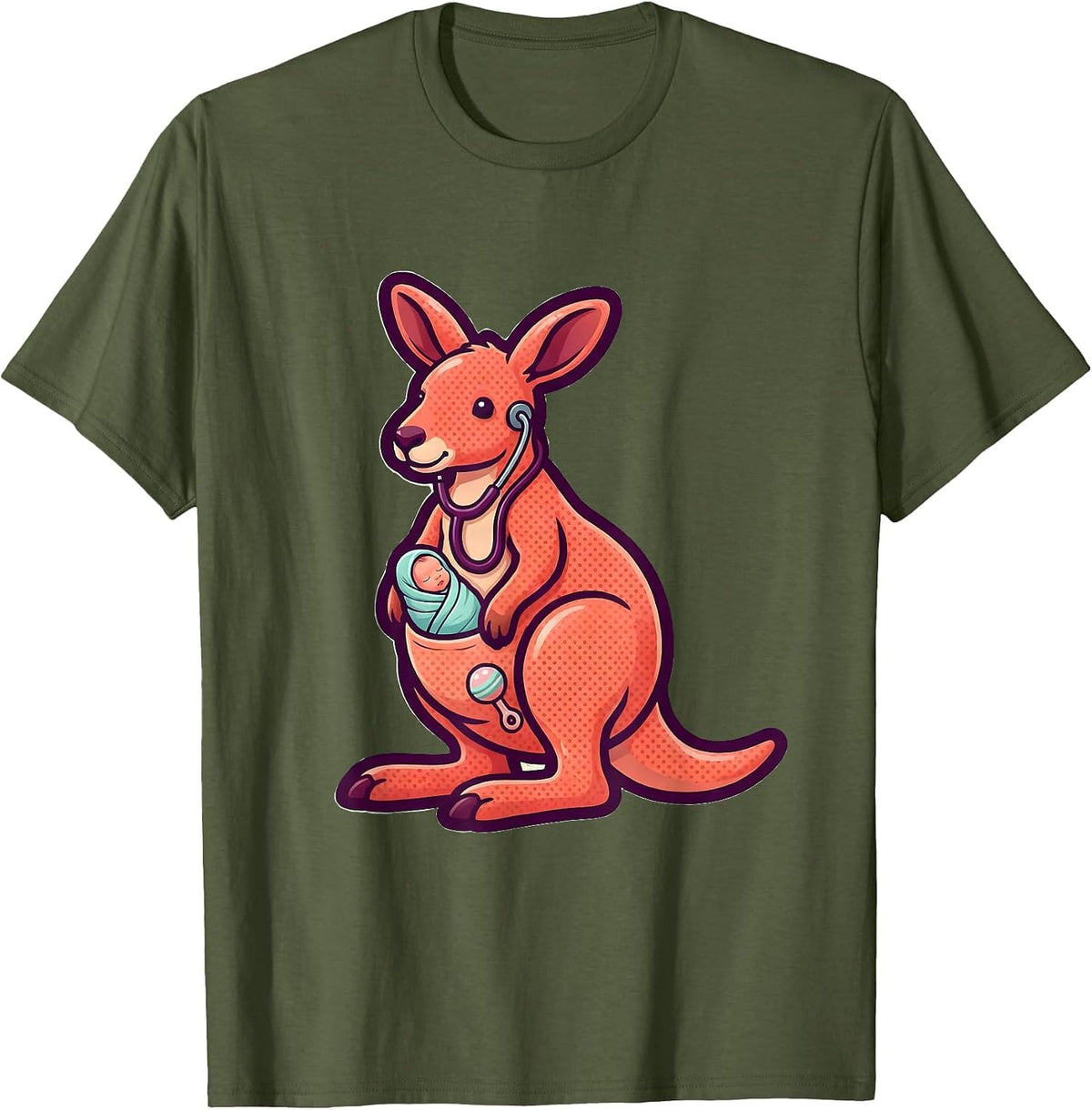 Men's Kangaroo NICU Nurse Cute Animal Bubble-Letter Pediatric T-Shirt - Olive Green