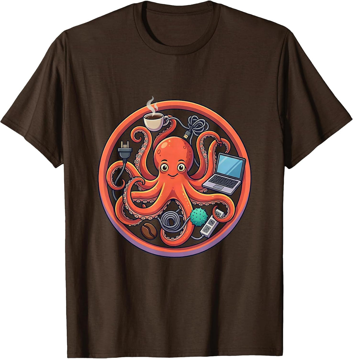 Chaos Coordinator Multitasking Octopus Design T-Shirt - Brown