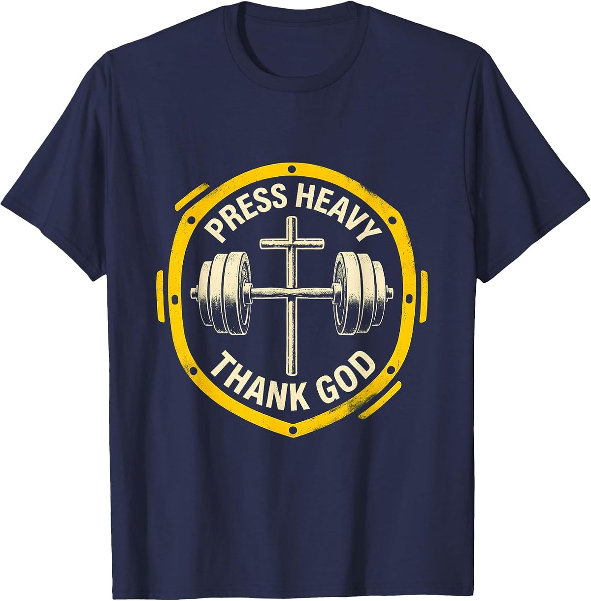 Press Heavy Thank God Stencil Christian Gym Faith Fitness T-Shirt - Navy Blue
