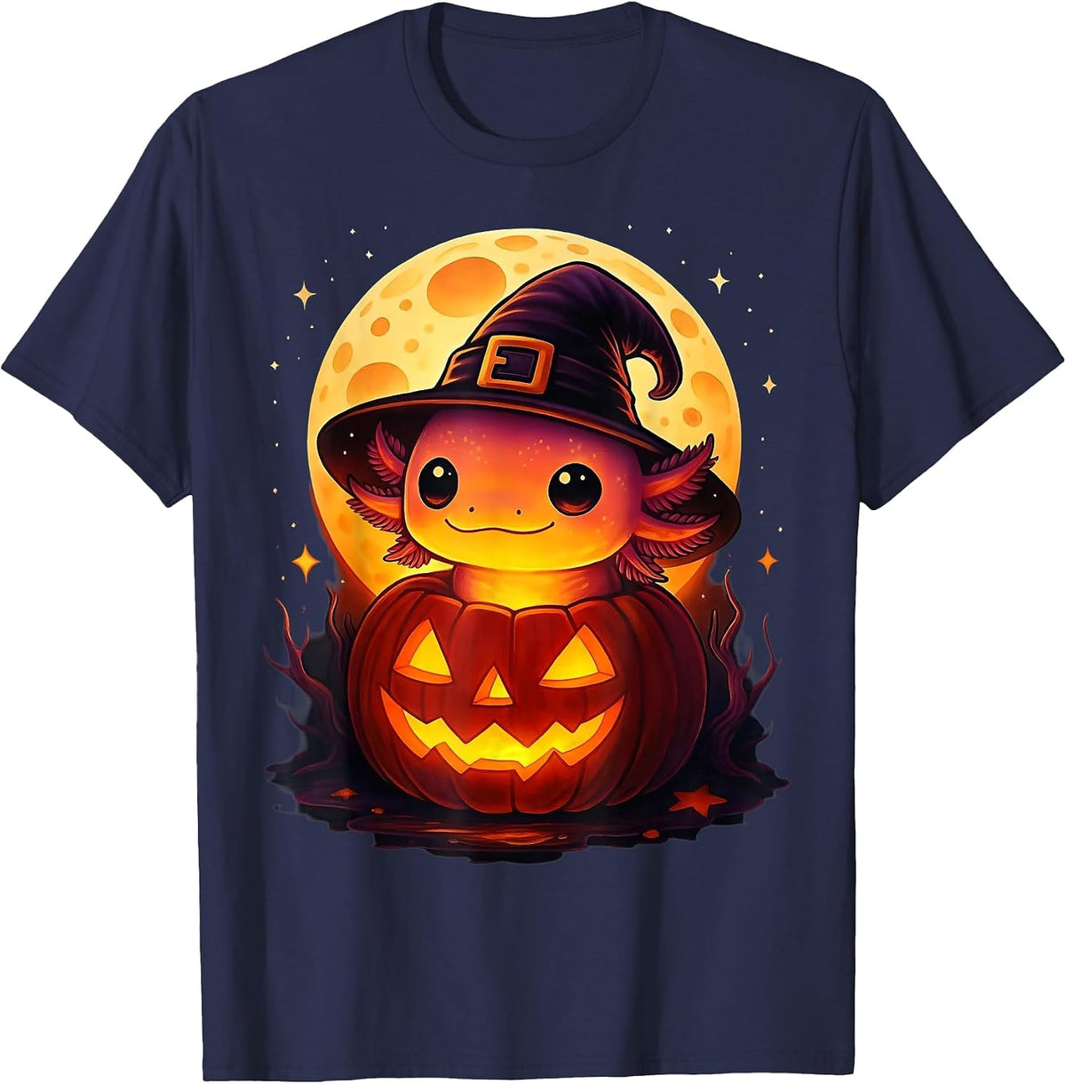 Cute Axolotl Witch Pumpkin Halloween Costume Boys Girls Kids T-Shirt - Navy Blue