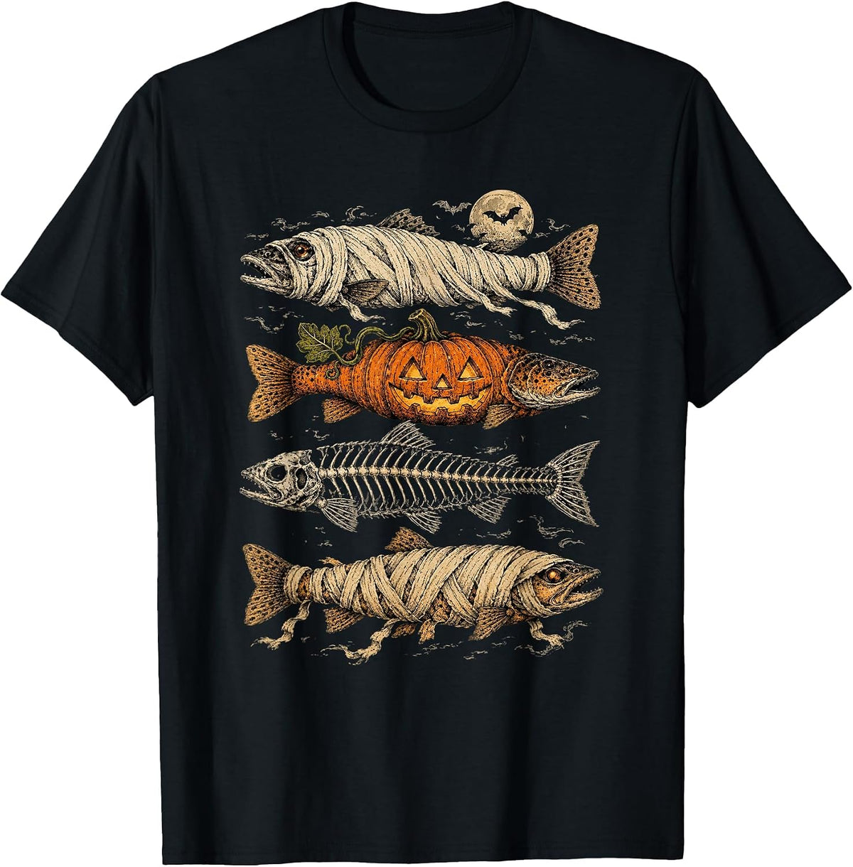 Halloween Fish Shirt Funny Trout Ghost Pumpkin Skeleton Mummy Fishing Tee T-Shirt - Black