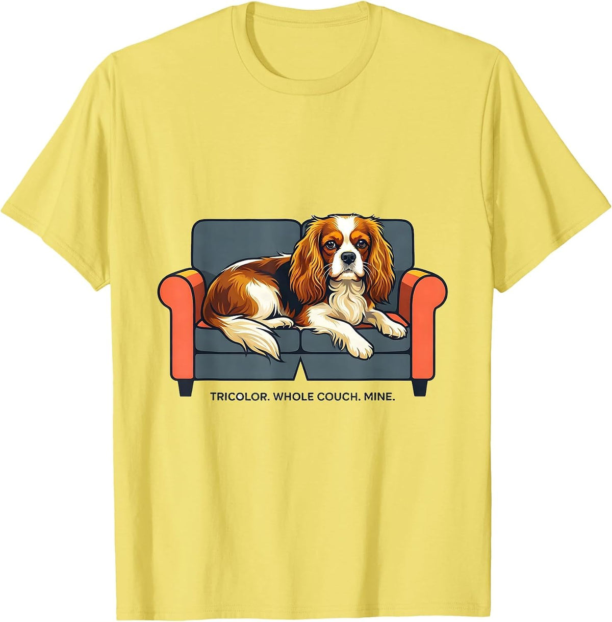 Men's Tricolor Whole Couch Mine Cavalier King Charles Spaniel Dog T-Shirt - Lemon Yellow