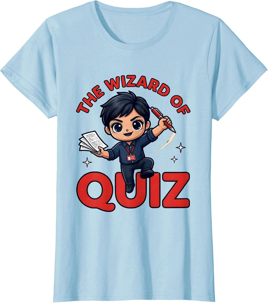 Women's THE WIZARD OF QUIZ Funny Teacher Cartoon School Staff T-Shirt - Baby Blue