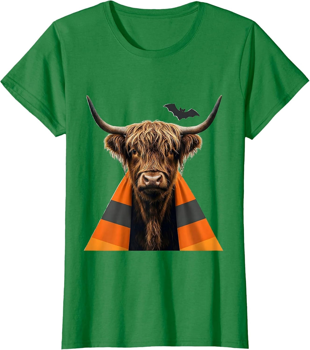 Women's Shaggy Highland Cow Candy Corn Cape Halloween Humor T-Shirt - Kelly Green