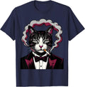 Tuxedo Cat Smoking a Ring of Smoke T-Shirt - Navy Blue