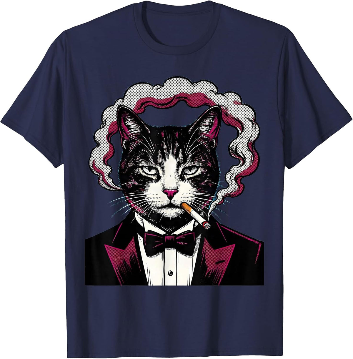 Tuxedo Cat Smoking a Ring of Smoke T-Shirt - Navy Blue