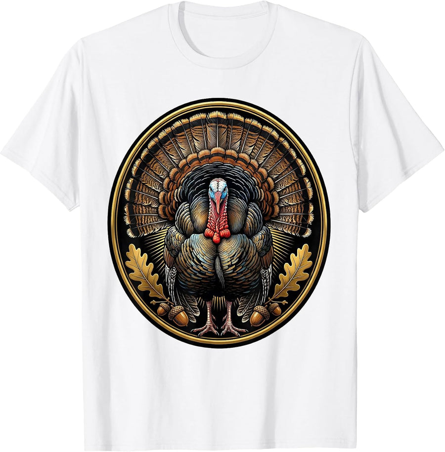 Men's Turkey Feathers Full Strut Fan Illustration T-Shirt - White