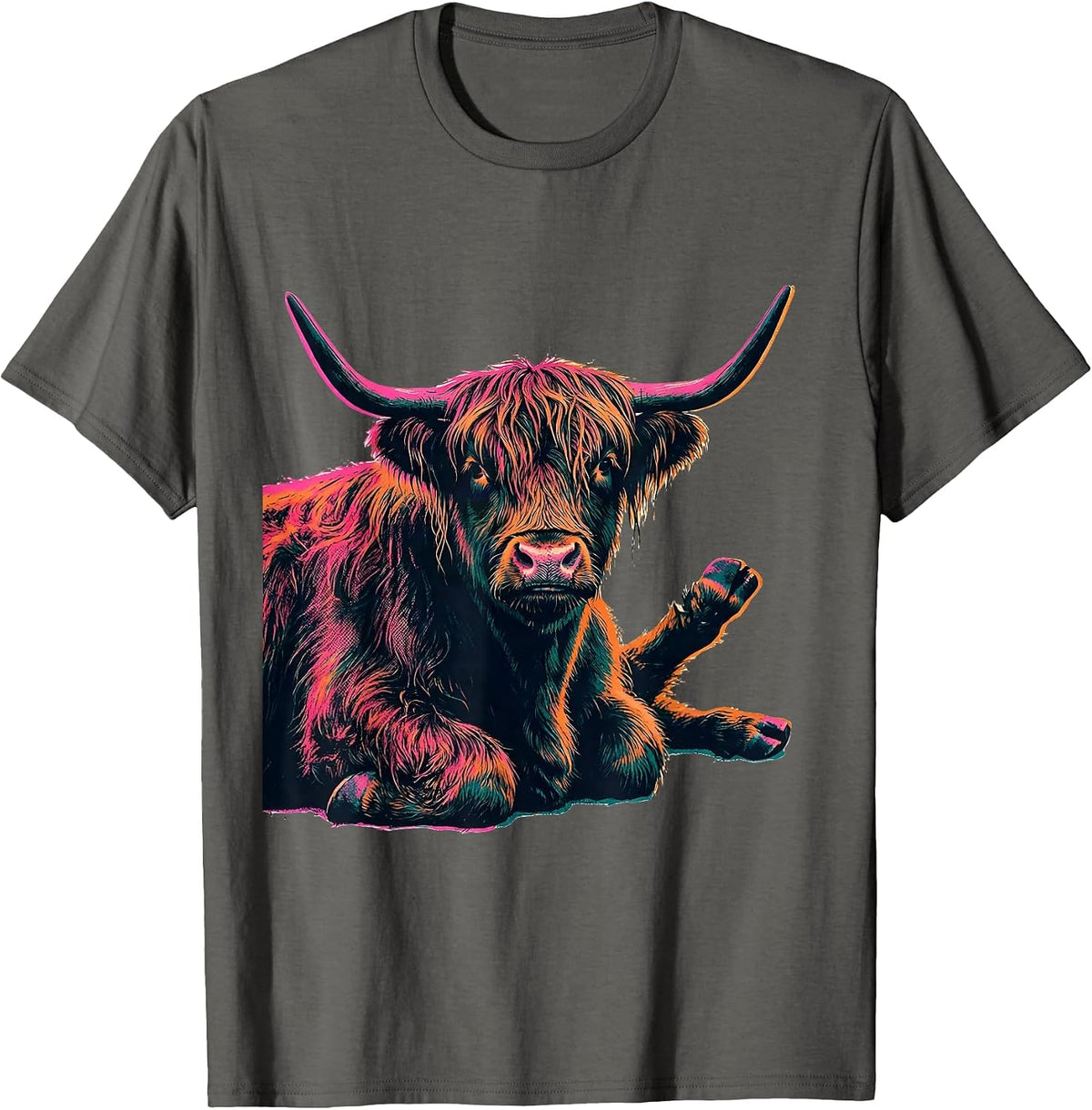 Highland Cow Risograph Farm Humor Novelty Gift T-Shirt - Asphalt Grey