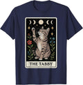 The Tabby Cat Gray Cat Tarot Card Witchy Moon T-Shirt - Navy Blue