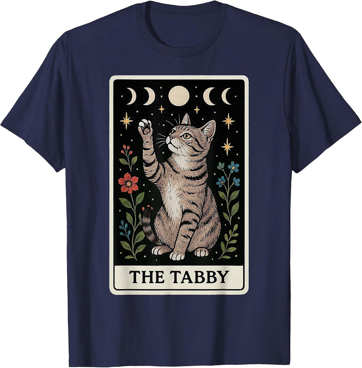 The Tabby Cat Gray Cat Tarot Card Witchy Moon T-Shirt - Navy Blue
