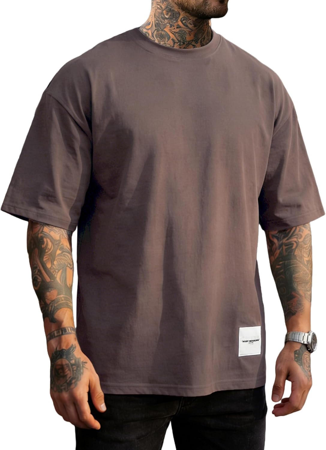 Men's Fashion Oversized T-shirts Short Sleeve Workout Casual Gym Tee - Brown