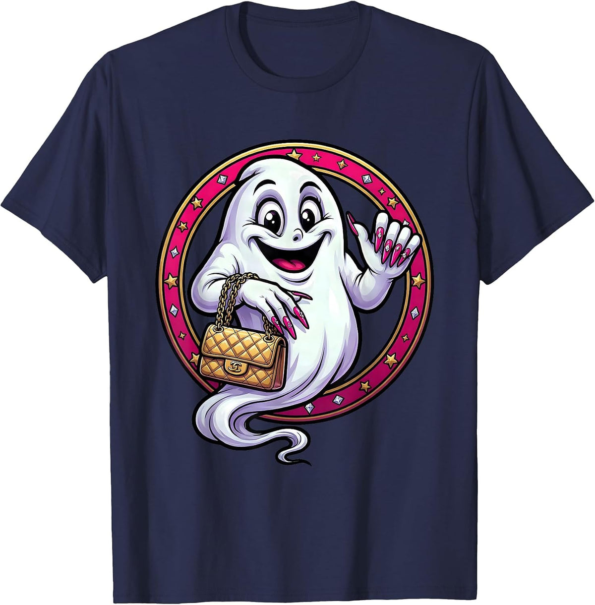 Boujee Ghost Haunting in Style Graphic T-Shirt - Navy Blue