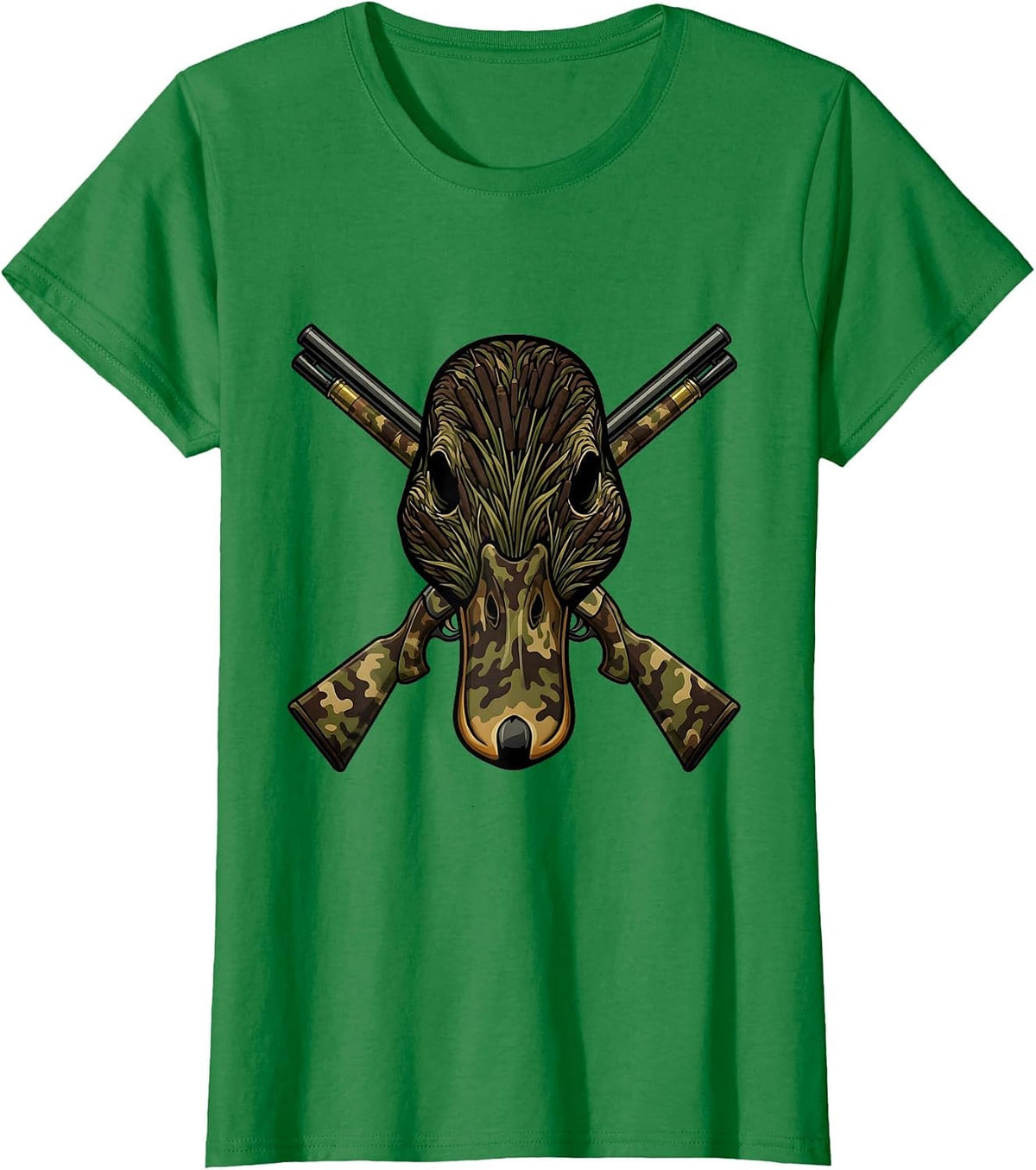 Women's Duck Camo Skull Crossed Shotgun Shells Design T-Shirt - Kelly Green