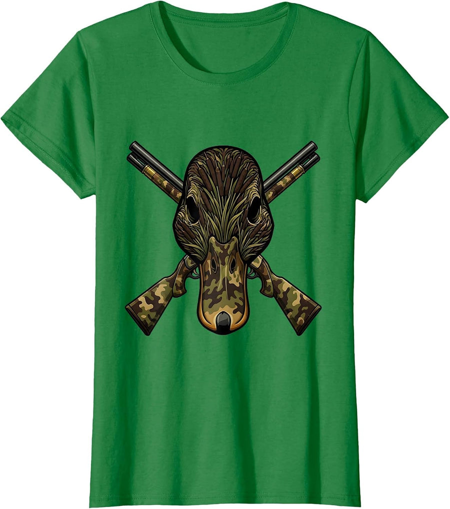 Women's Duck Camo Skull Crossed Shotgun Shells Design T-Shirt - Kelly Green