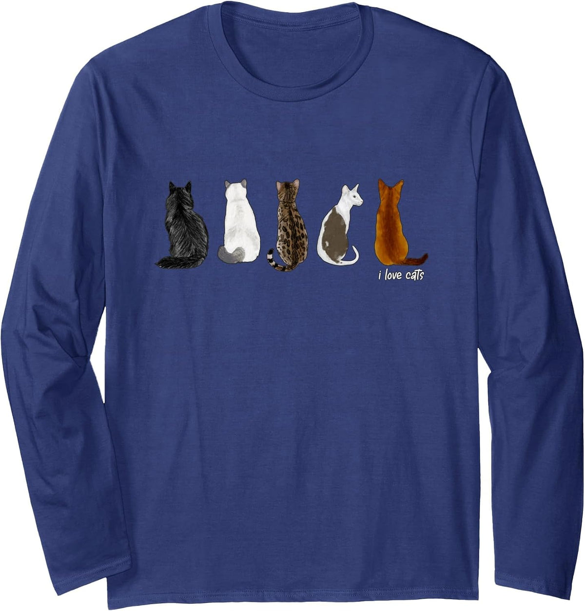 I Love Cats for Cat Lovers Long Sleeve T-Shirt - Adult Unisex Navy Blue