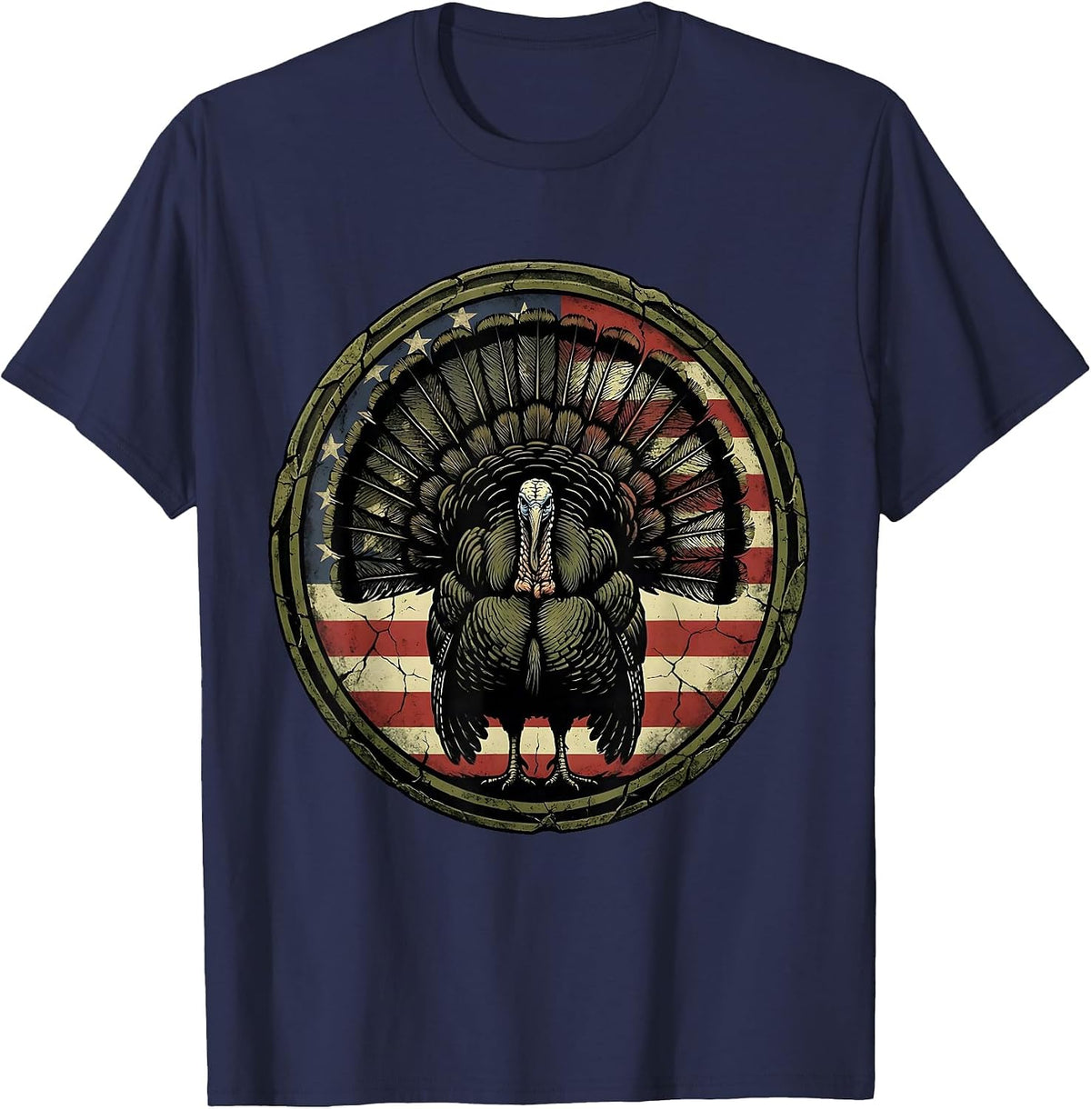 Men's Turkey Feathers Woodland Camo Hunting Design T-Shirt - Navy Blue