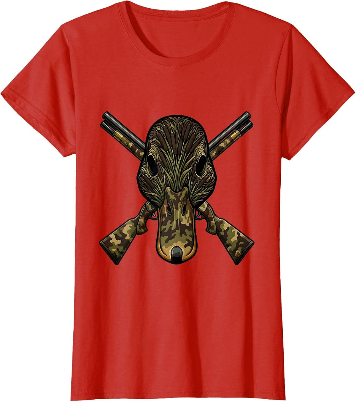 Women's Duck Camo Skull Crossed Shotgun Shells Design T-Shirt - Red