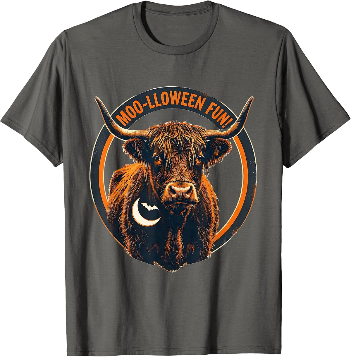 Moo-lloween Fun! Whimsical Highland Cow Halloween Humor T-Shirt - Asphalt Grey