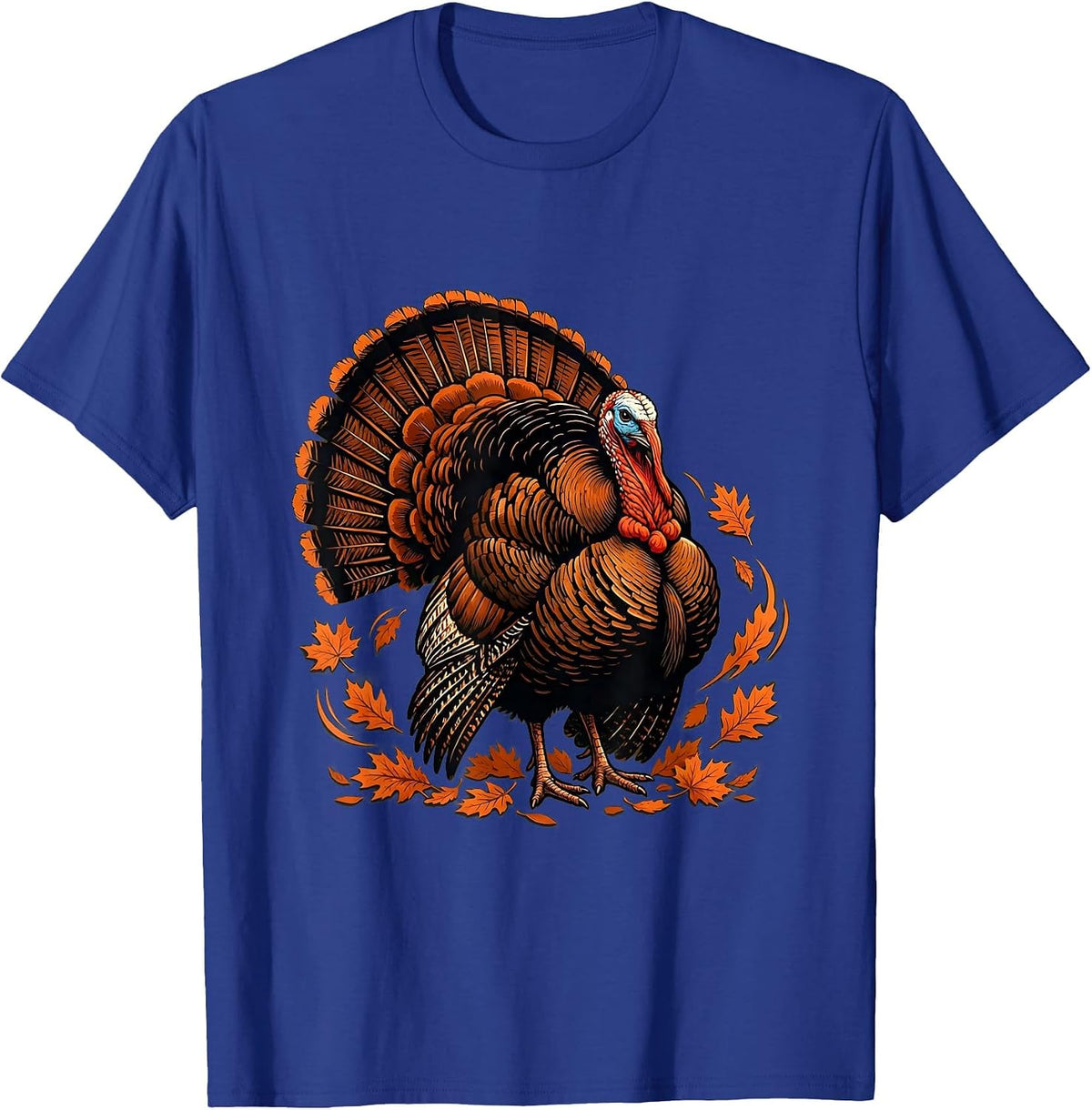 Wild Turkey Strutting Through Autumn Leaves T-Shirt - Royal Blue