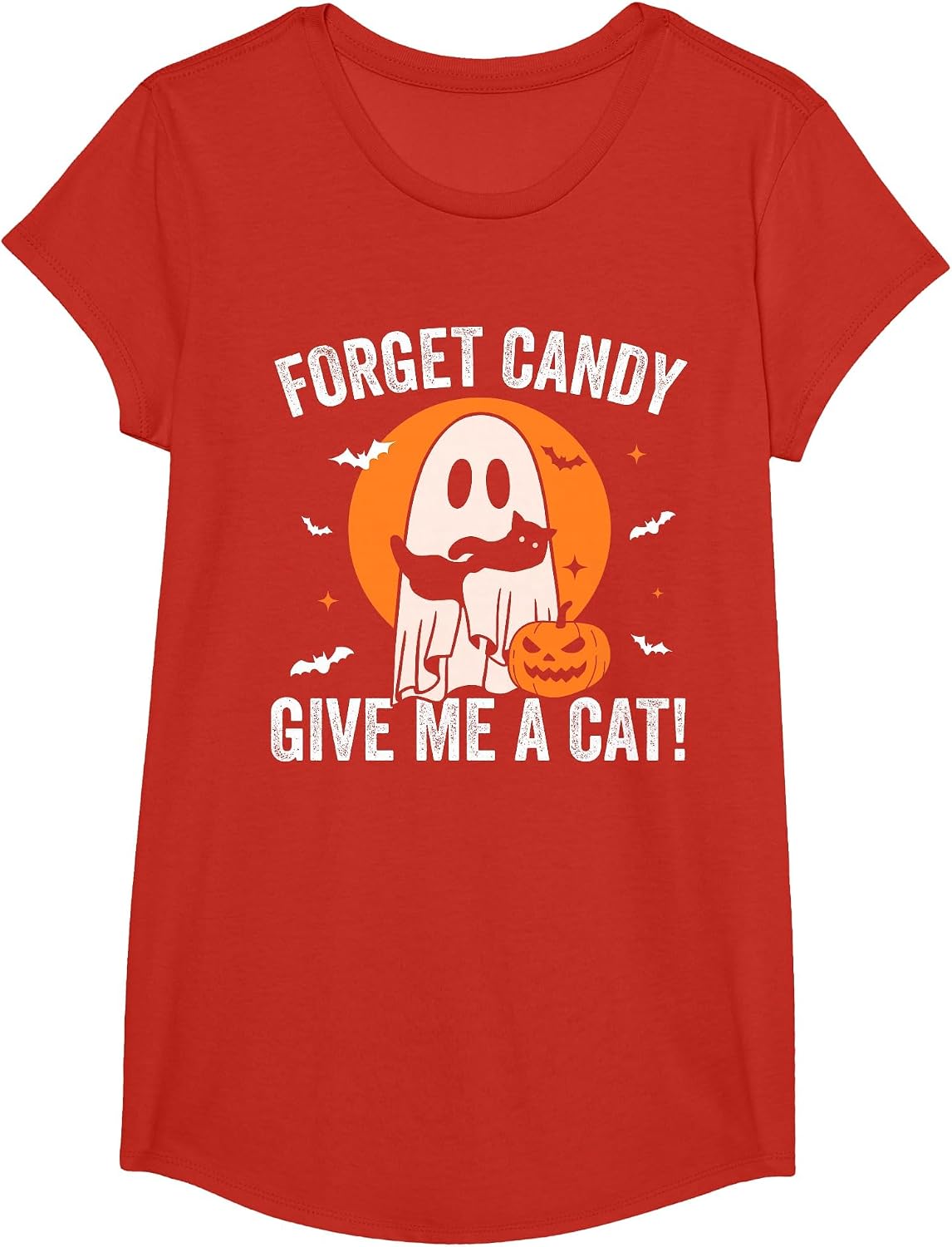 Forget Candy Give Me a Cat - Funny Black Cat Ghost Halloween T-Shirt - Girls Red