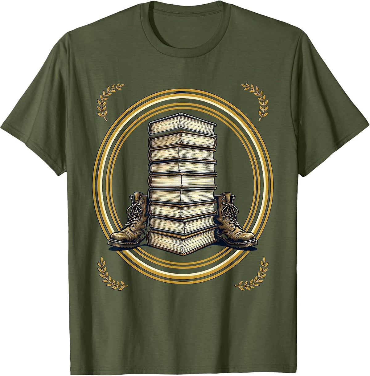 Boots and Books Reading Lover Graphic Design T-Shirt - Olive Green