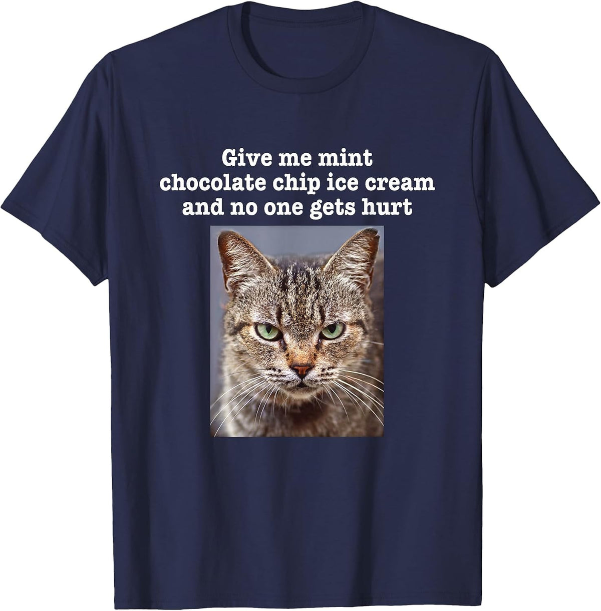 Funny Sarcastic Gray Tabby Cat Mint Chocolate Chip Ice Cream T-Shirt - Navy Blue