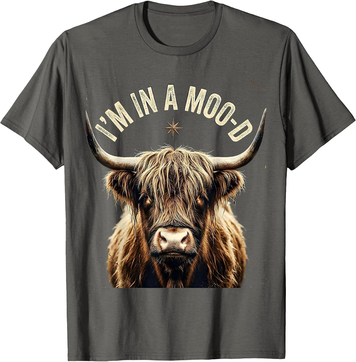 I'm In A Moo-D Distressed Highland Cow Farm Animal Humor T-Shirt - Asphalt Grey