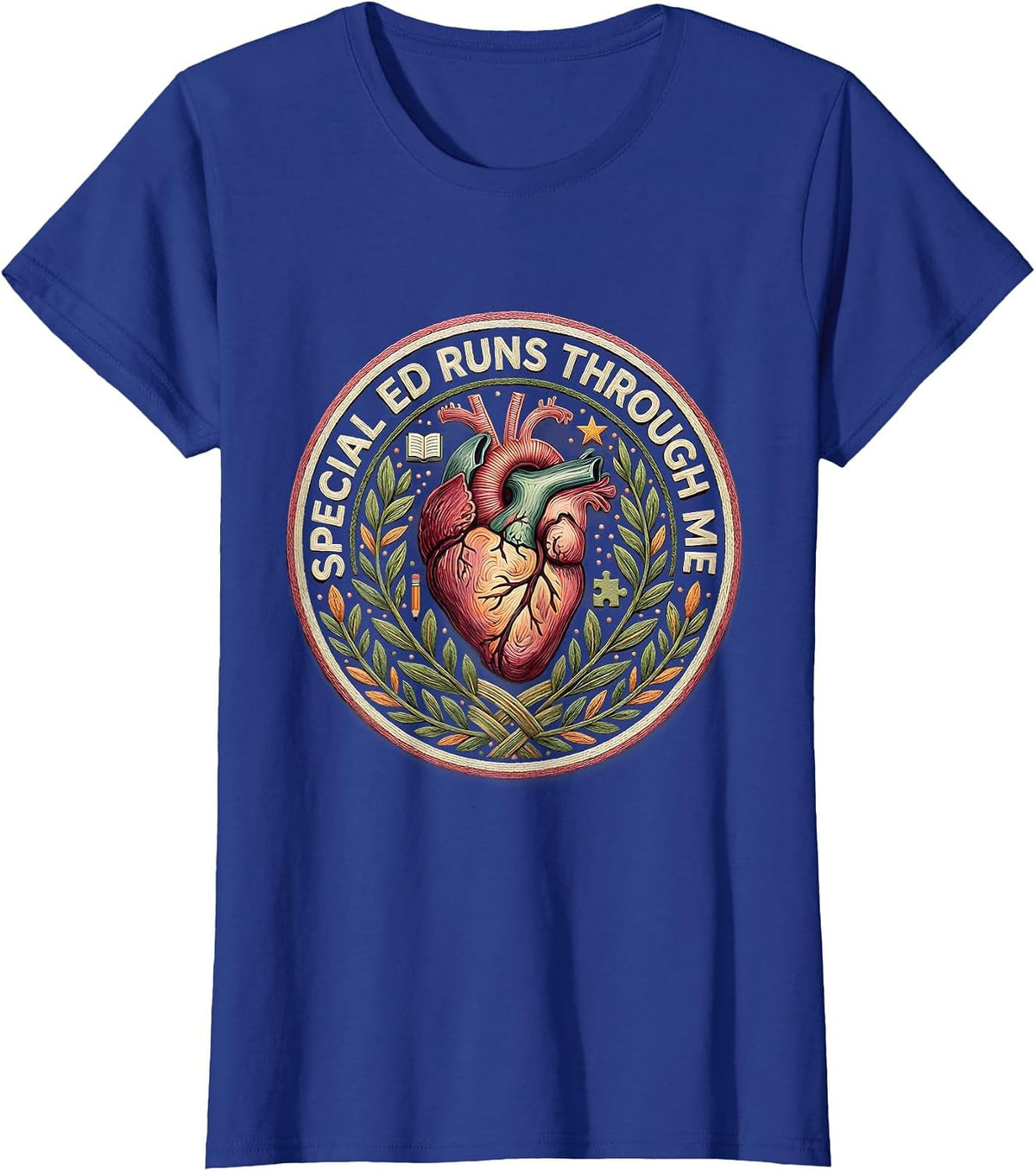 Women's Special Ed Runs Through Me Teacher Design T-Shirt - Royal Blue