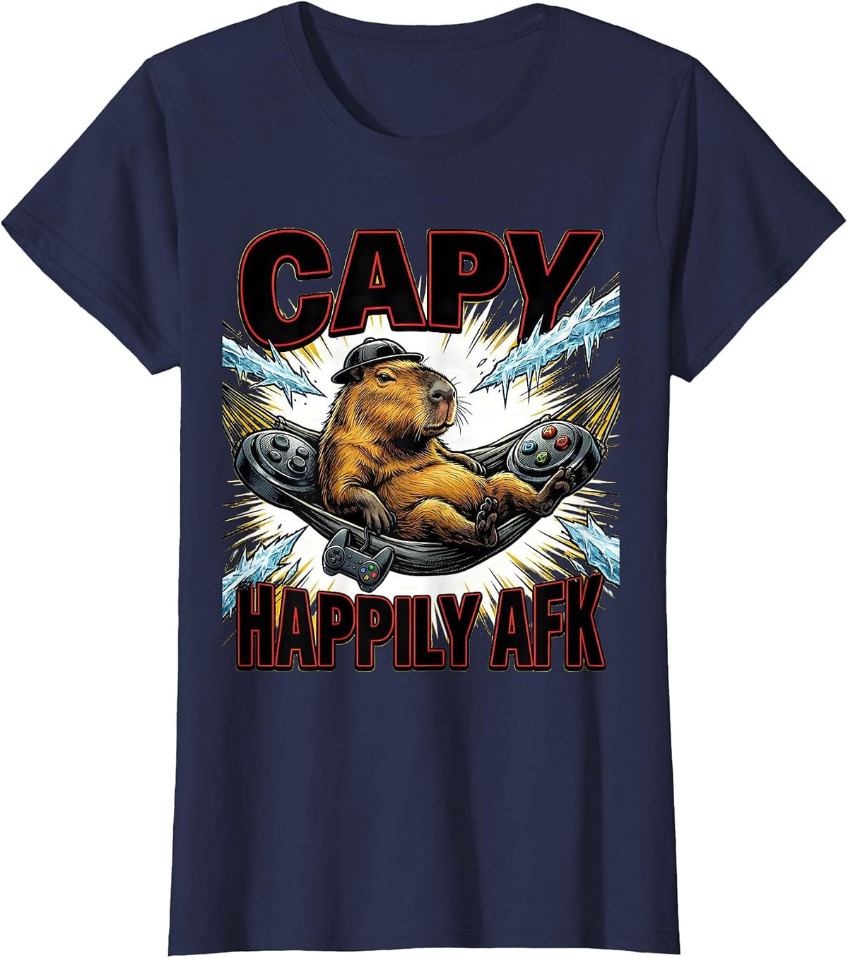 Women's Capy, Happily AFK Funny Capybara Gamer Gaming Humor T-Shirt - Navy Blue