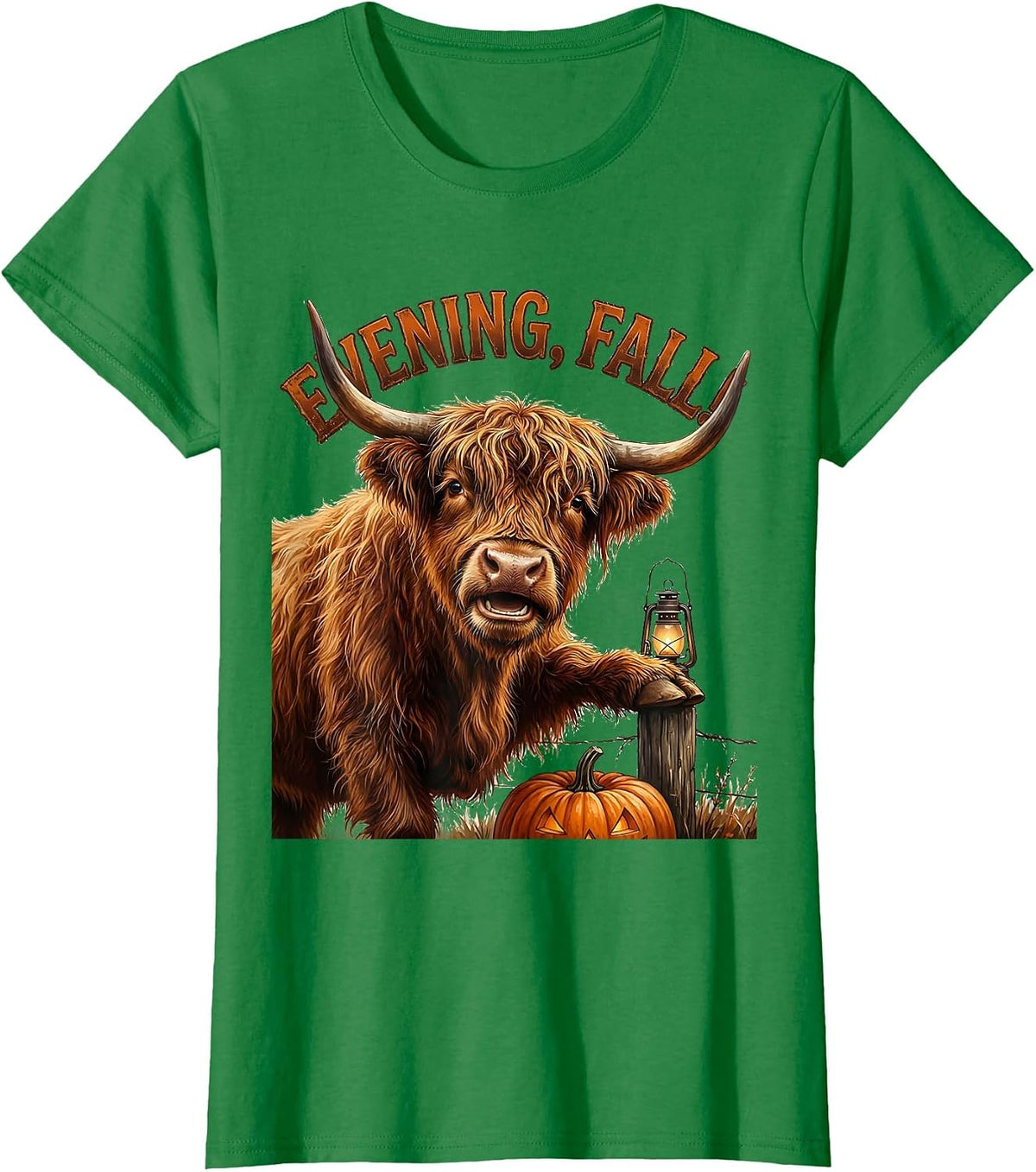 Women's Evening, Fall! Whimsical Highland Cow Halloween Humor T-Shirt - Kelly Green