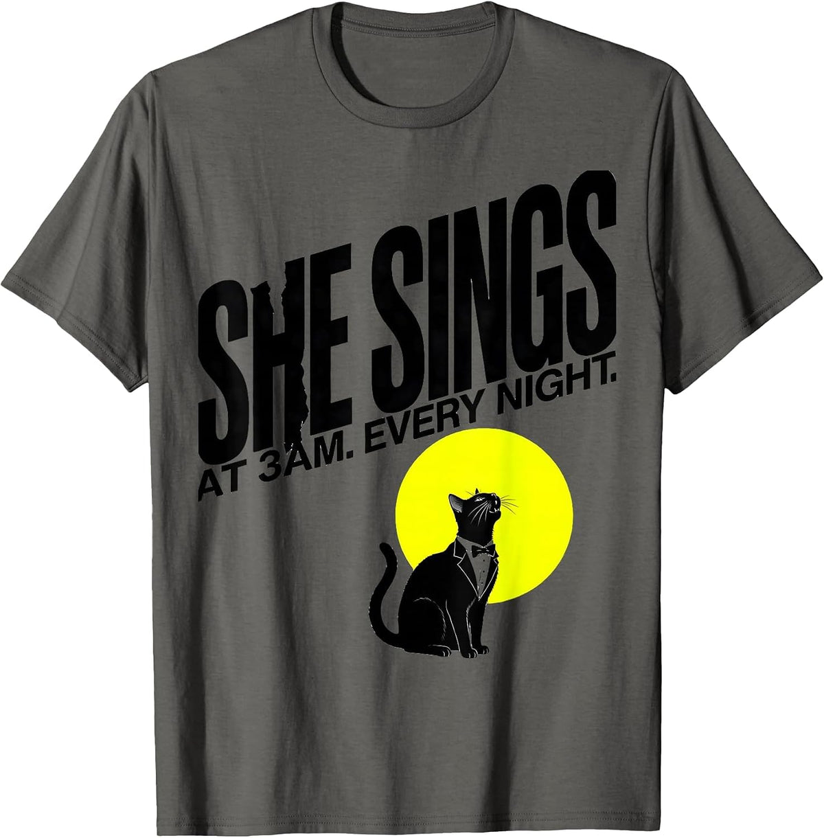 She Sings At 3AM Every Night Tuxedo Cat Howling At Moon 90s T-Shirt - Asphalt Grey