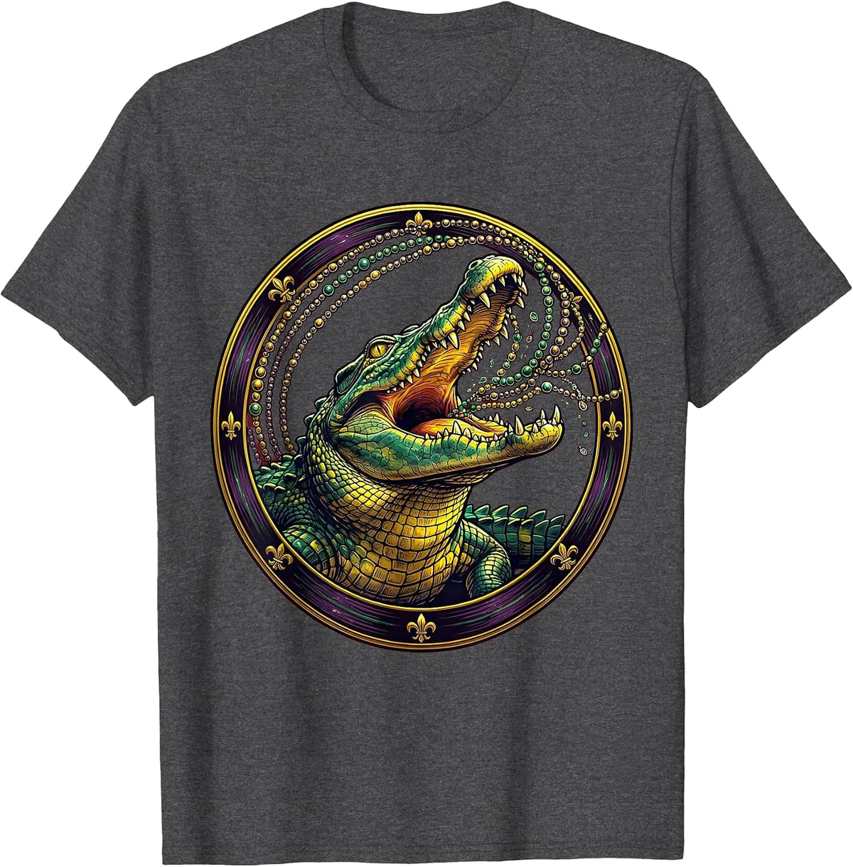 Men's Mardi Gras Alligator Catching Beads Illustration T-Shirt - Dark Heather Grey