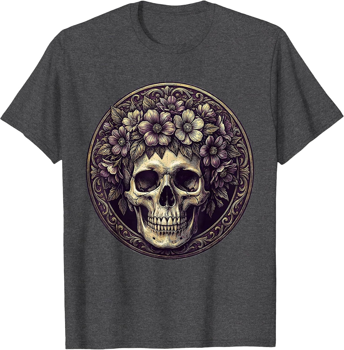 Men's Mardi Gras Skull Floral Crown Purple Gold T-Shirt - Dark Heather Grey