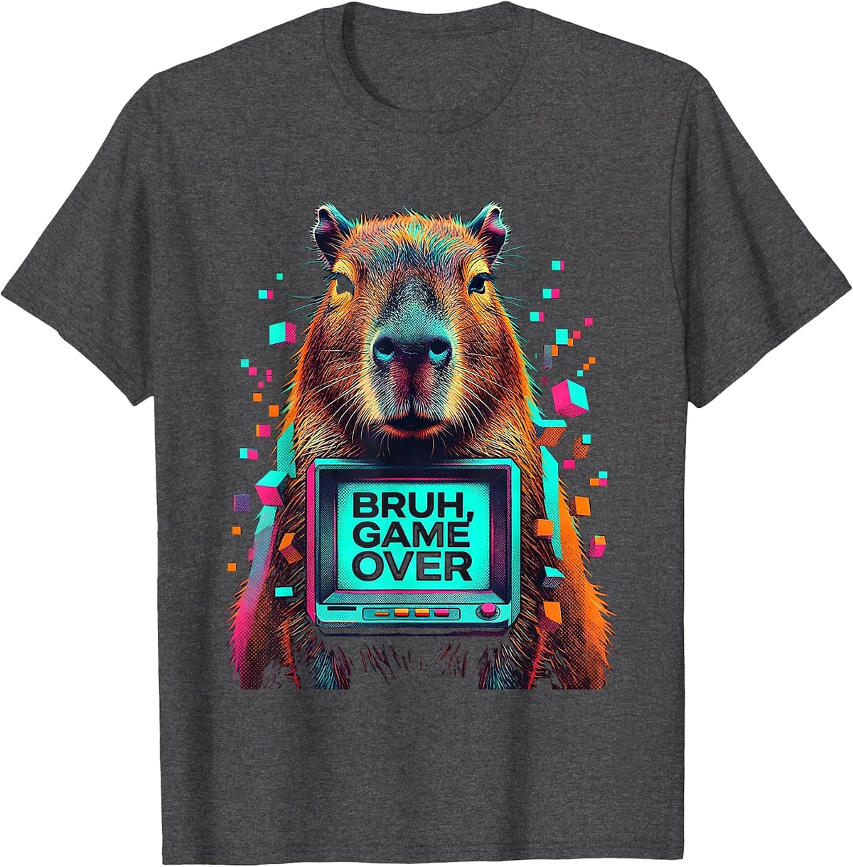 Men's Bruh Game Over Risograph Capybara Gamer Humor T-Shirt - Dark Heather Grey