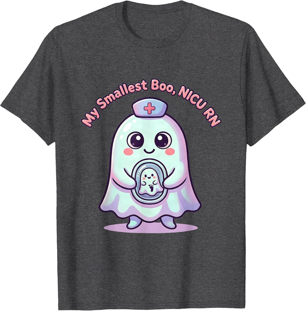 My Smallest Boo NICU RN Cute Kawaii Ghost Halloween Nurse T-Shirt - Dark Heather Grey