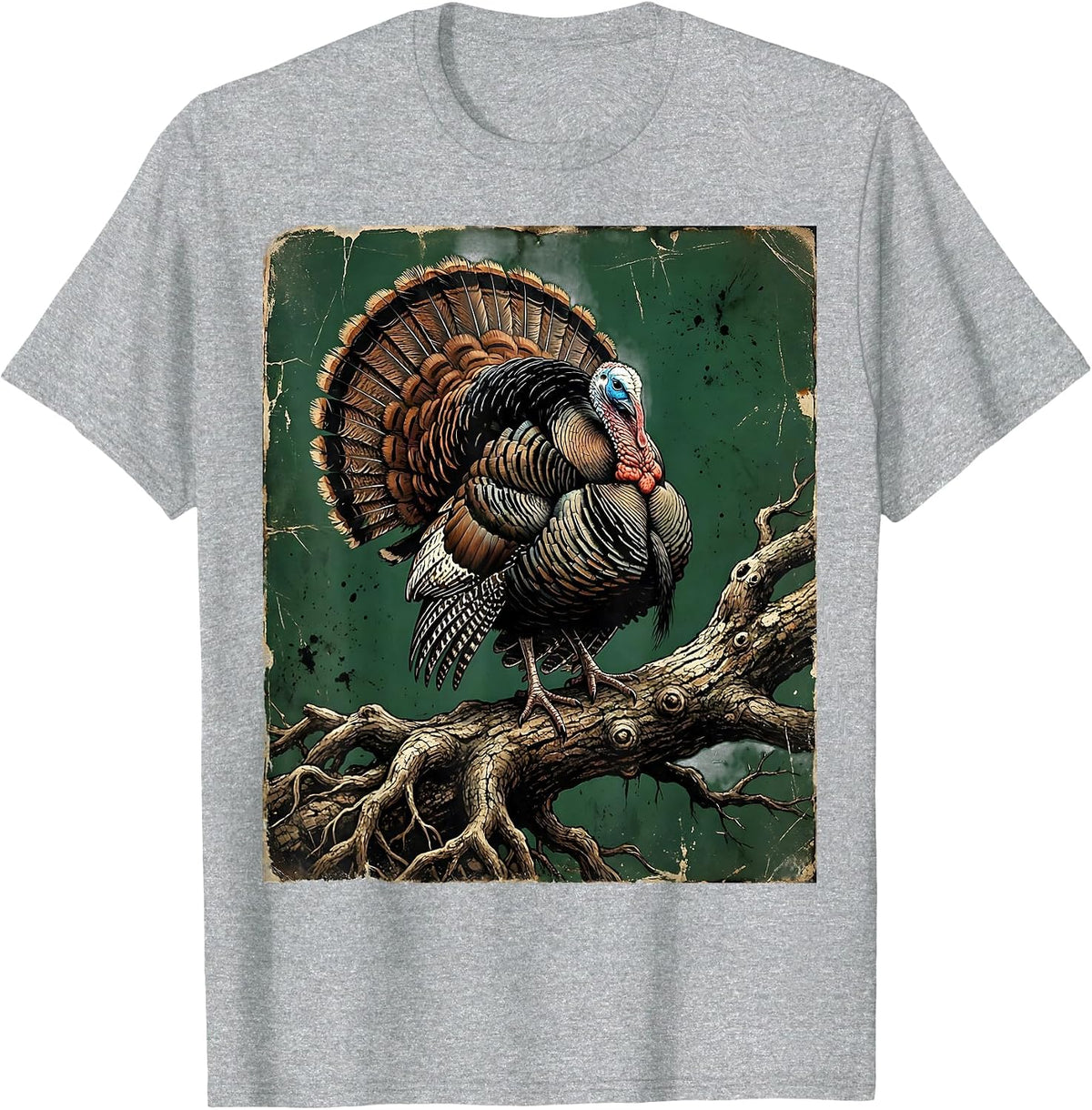 Men's Wild Turkey Perched on Gnarled Oak Branch T-Shirt - Heather Grey