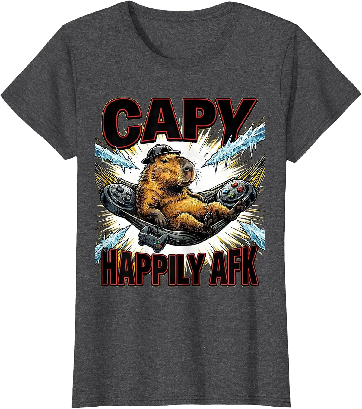 Women's Capy, Happily AFK Funny Capybara Gamer Gaming Humor T-Shirt - Dark Heather Grey