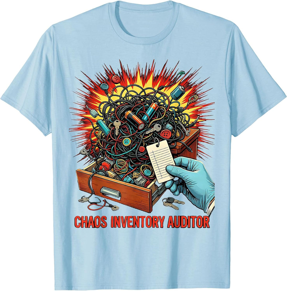 Men's Chaos Inventory Auditor Pop Art Funny Chaos Coordinator T-Shirt - Baby Blue
