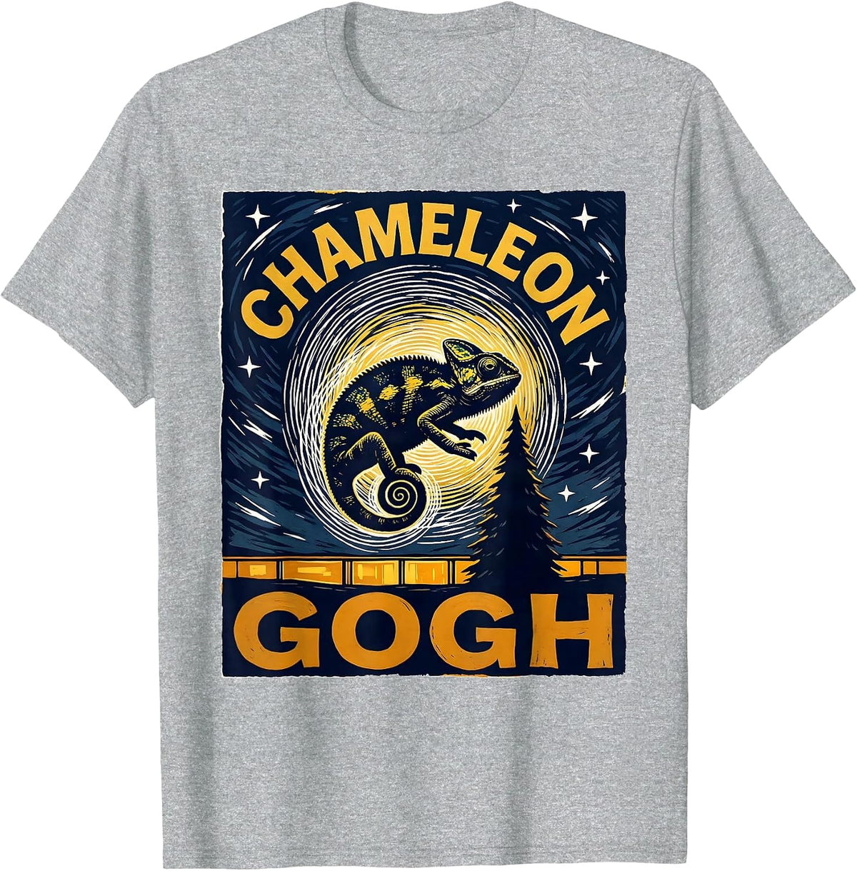 Men's Chameleon Gogh Linocut Funny Chameleon Lover Pet Owner Art T-Shirt - Heather Grey