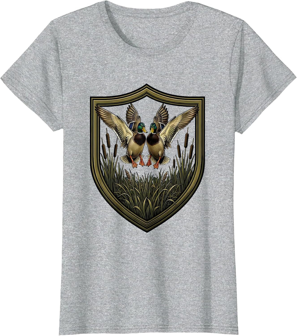 Duck Camo Hovering Ducks Foggy Marsh Illustration T-Shirt - Heather Grey