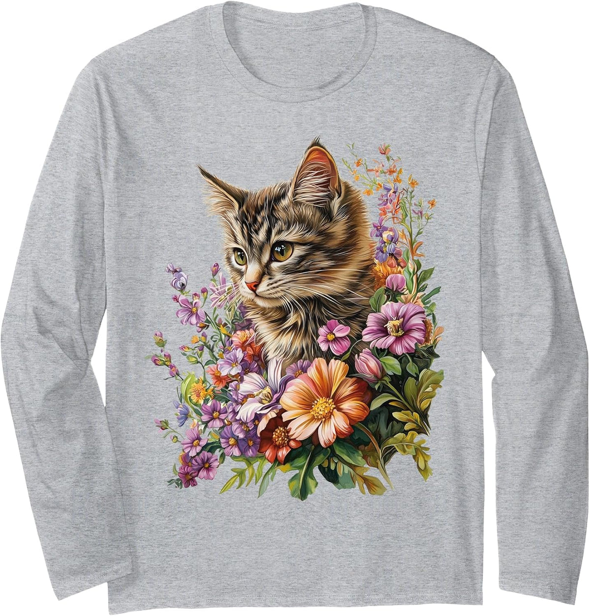 Cat Flower Floral Cute Kitten Graphic Long Sleeve T-Shirt - Adult Unisex Heather Grey