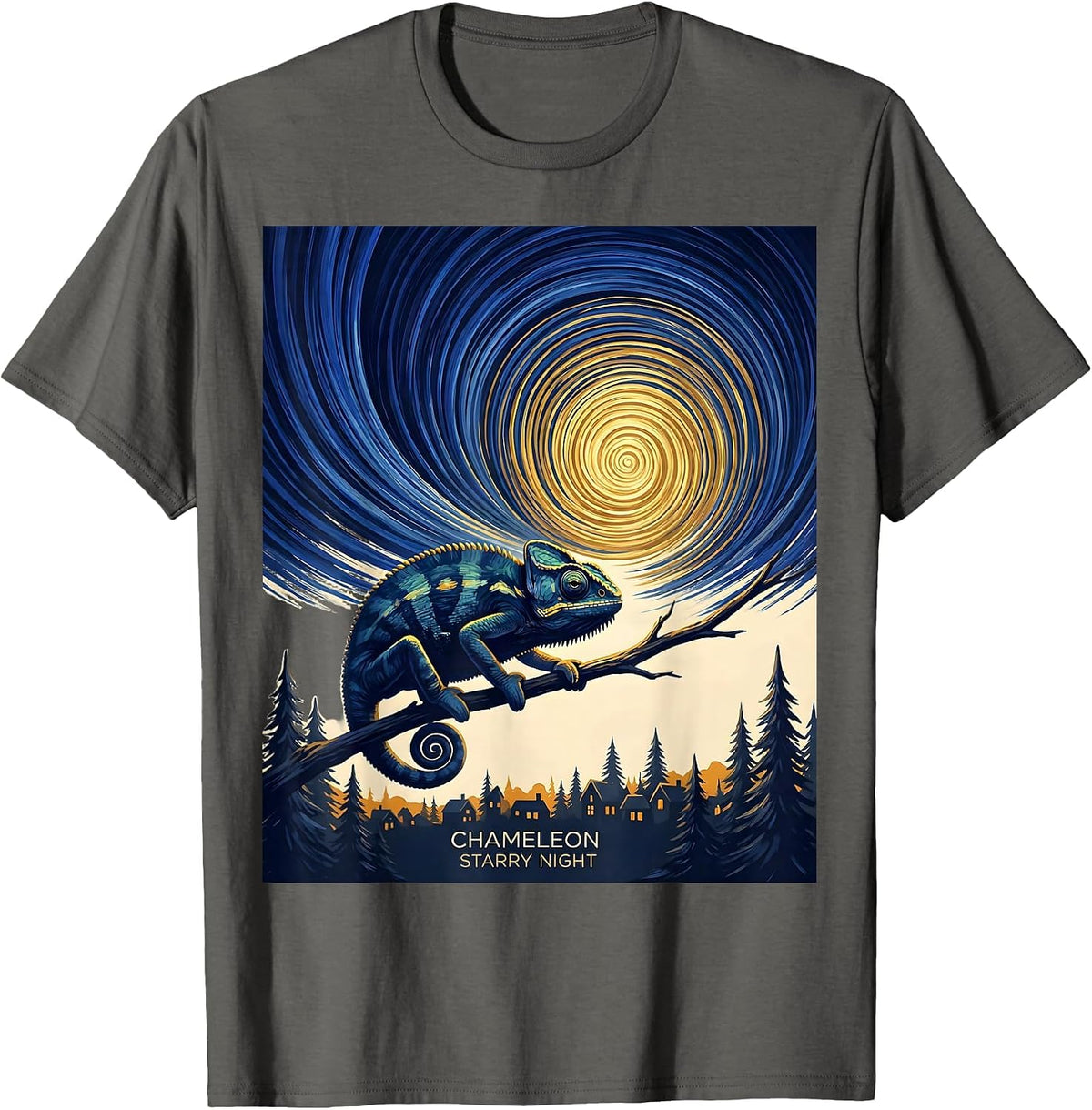 Men's Chameleon Starry Night Van Gogh Animal Lover Art Humor T-Shirt - Asphalt Grey