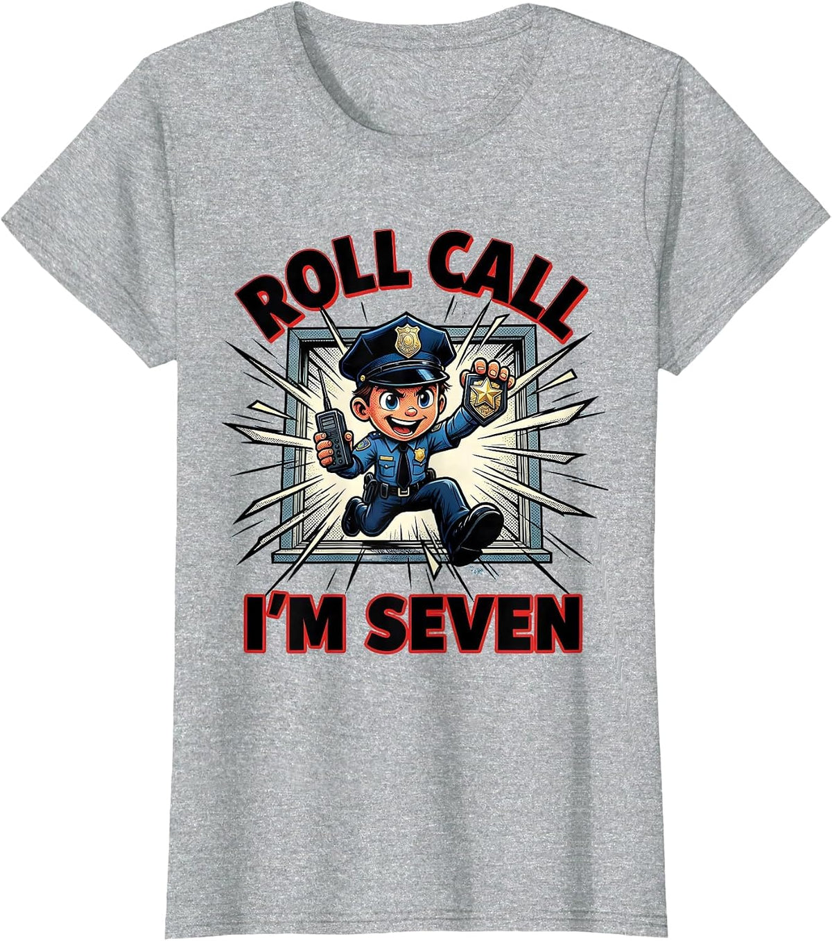 Women's Roll Call I'm Seven Comic Book Future Police Officer Kids T-Shirt - Heather Grey